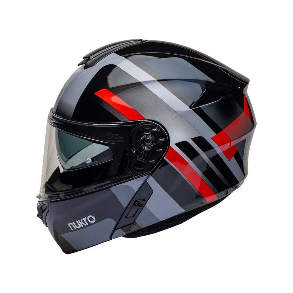 Nukro 938-SV Glossy Black Red Grat Çene Açılır Kask